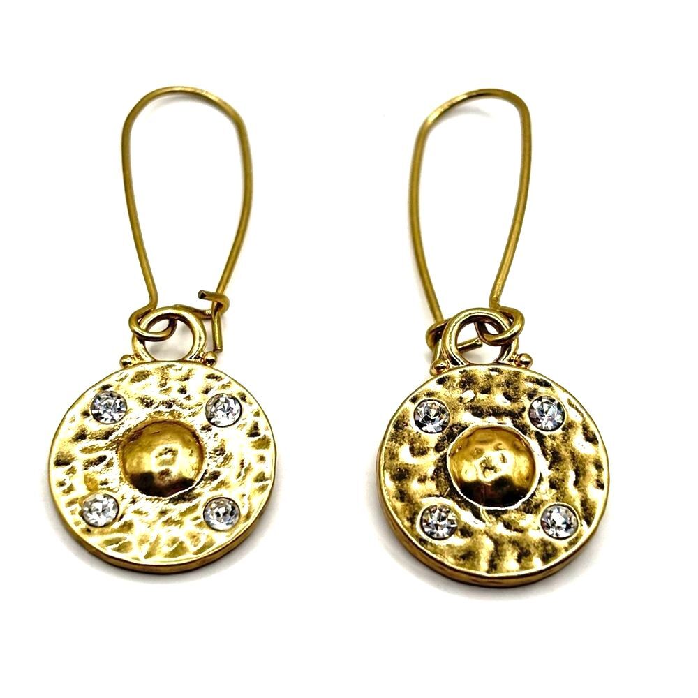 Gold Textured Dangle Earrings with Crystal Accents